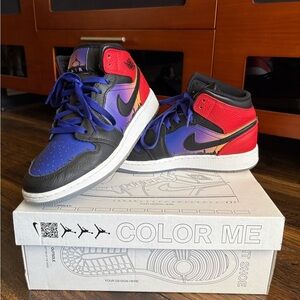 Air Jordan 1 mid. Size-Youth 5 1/2.
Black, Red, Purple and White